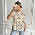 Women's Retro Loose Round Neck Bowknot Printed Flying Sleeves Shirt