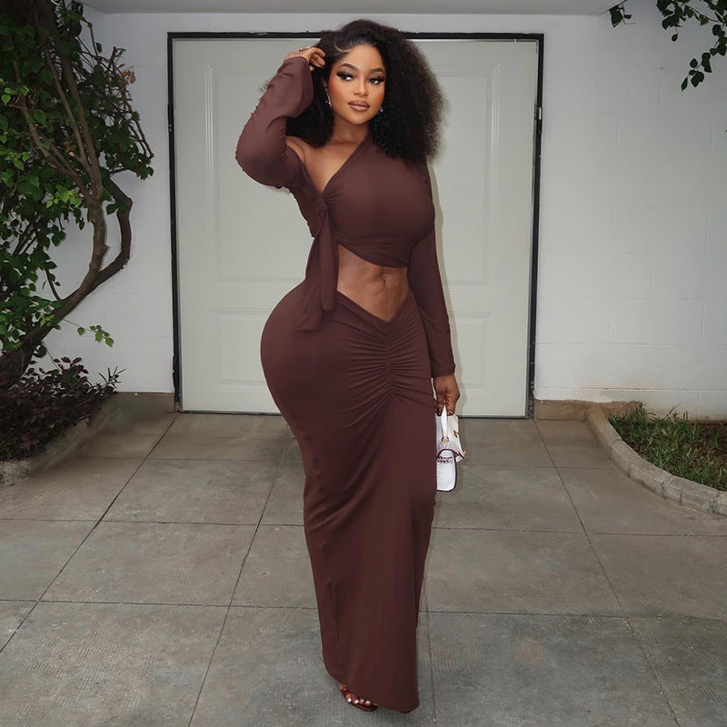 Women's Pleated Long-Sleeve Two-Piece Skirt Set