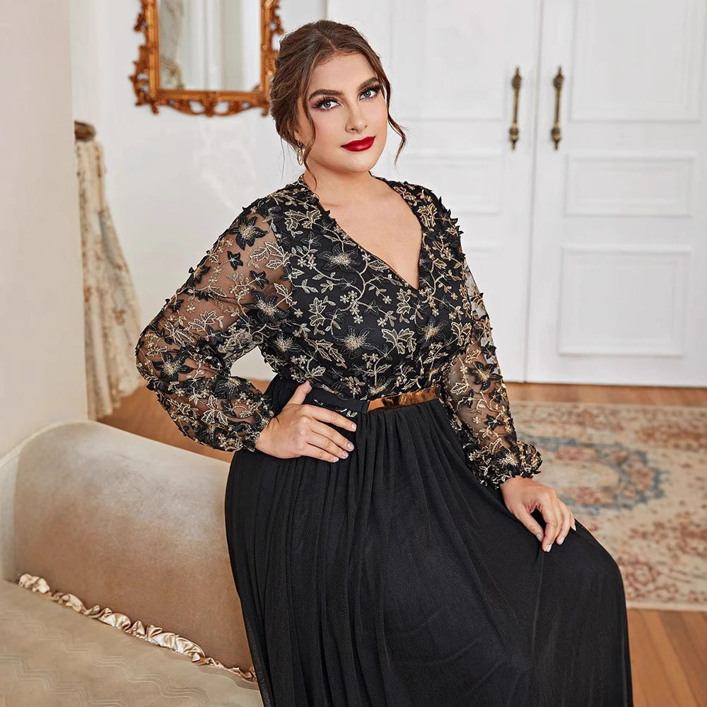 Women's V-Neck Floral Lace Belted A-Line Maxi Dress