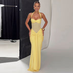 Women's Halter Mesh Ruched Tie Bodycon Maxi Dress