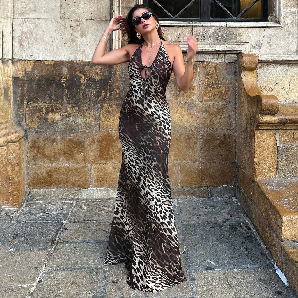Women's Leopard-Print Halter Backless Maxi Dress