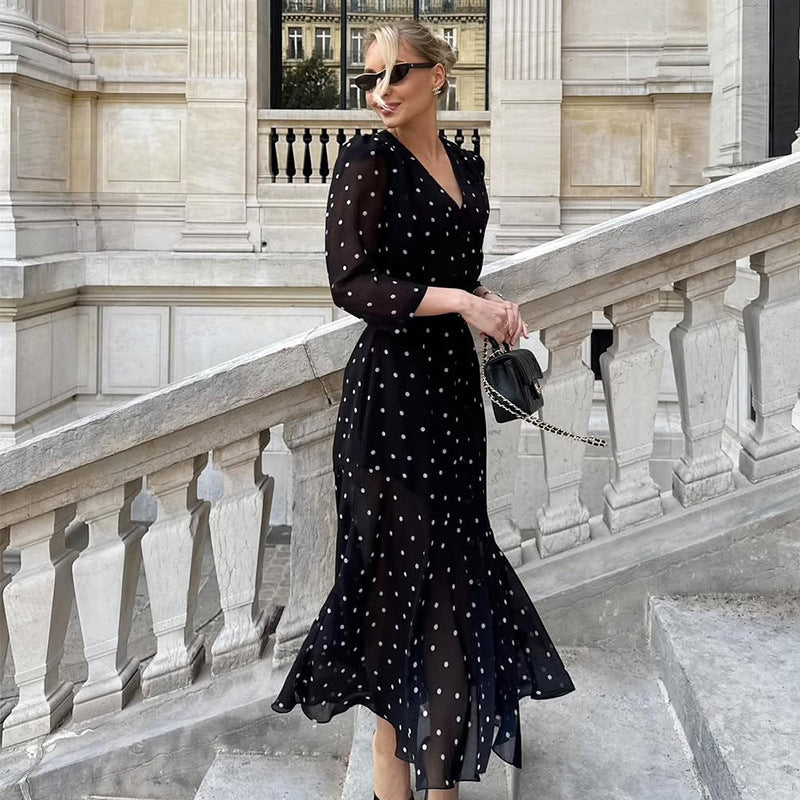 French V Neck Waist-Controlled Slimming Long Sleeve High Slit Polka