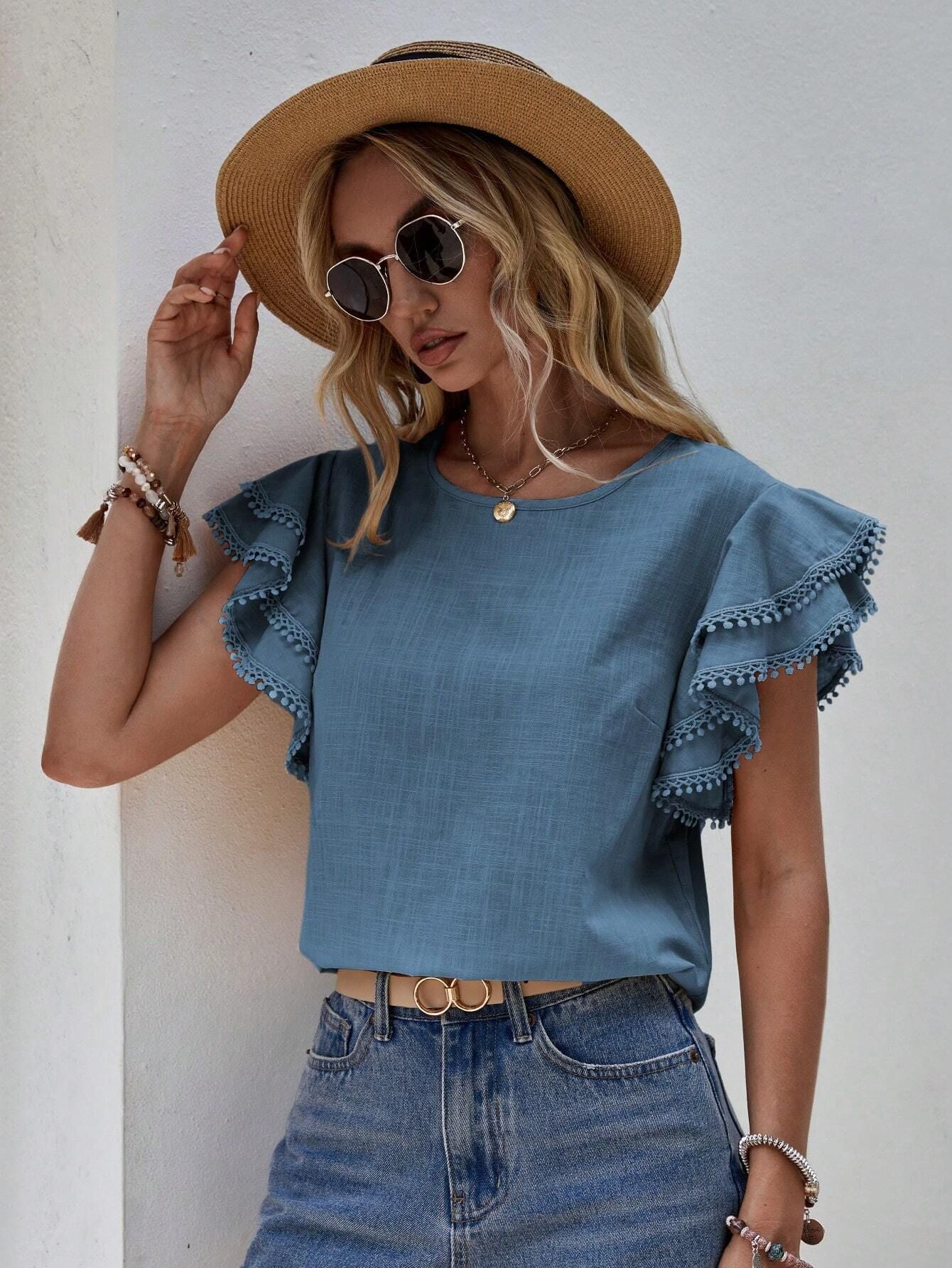 Lotus Leaf Batwing Loose Short Sleeve Top