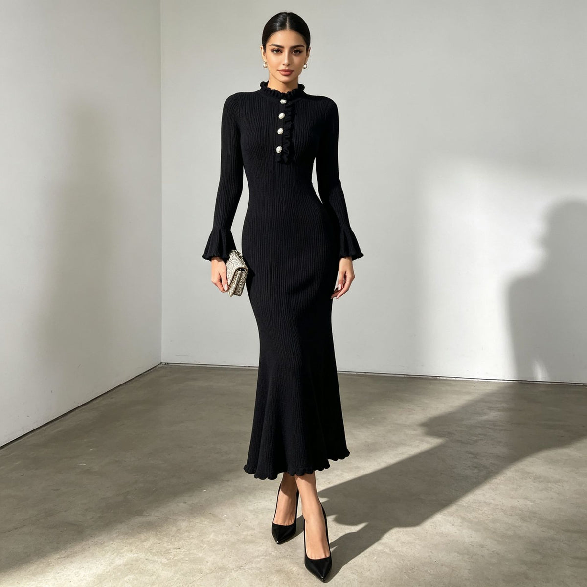 Literary Retro Dress Lace Collar Slim Slimming Flared Sleeves Knitted Fishtail Dress
