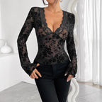V-Neck Lace Mesh Flare Sleeve Top