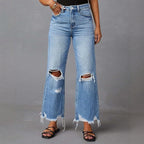 Ripped Tassel Washed Wide Leg Women Jeans