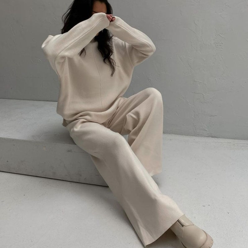 Autumn Winter Russian Long-Sleeve Loose Casual Sweater Knitted Top Trousers Set
