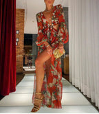 Women's Fashion Sexy Tropical Floral Print Lantern Maxi Long Sleeve V Neck Slit Dress