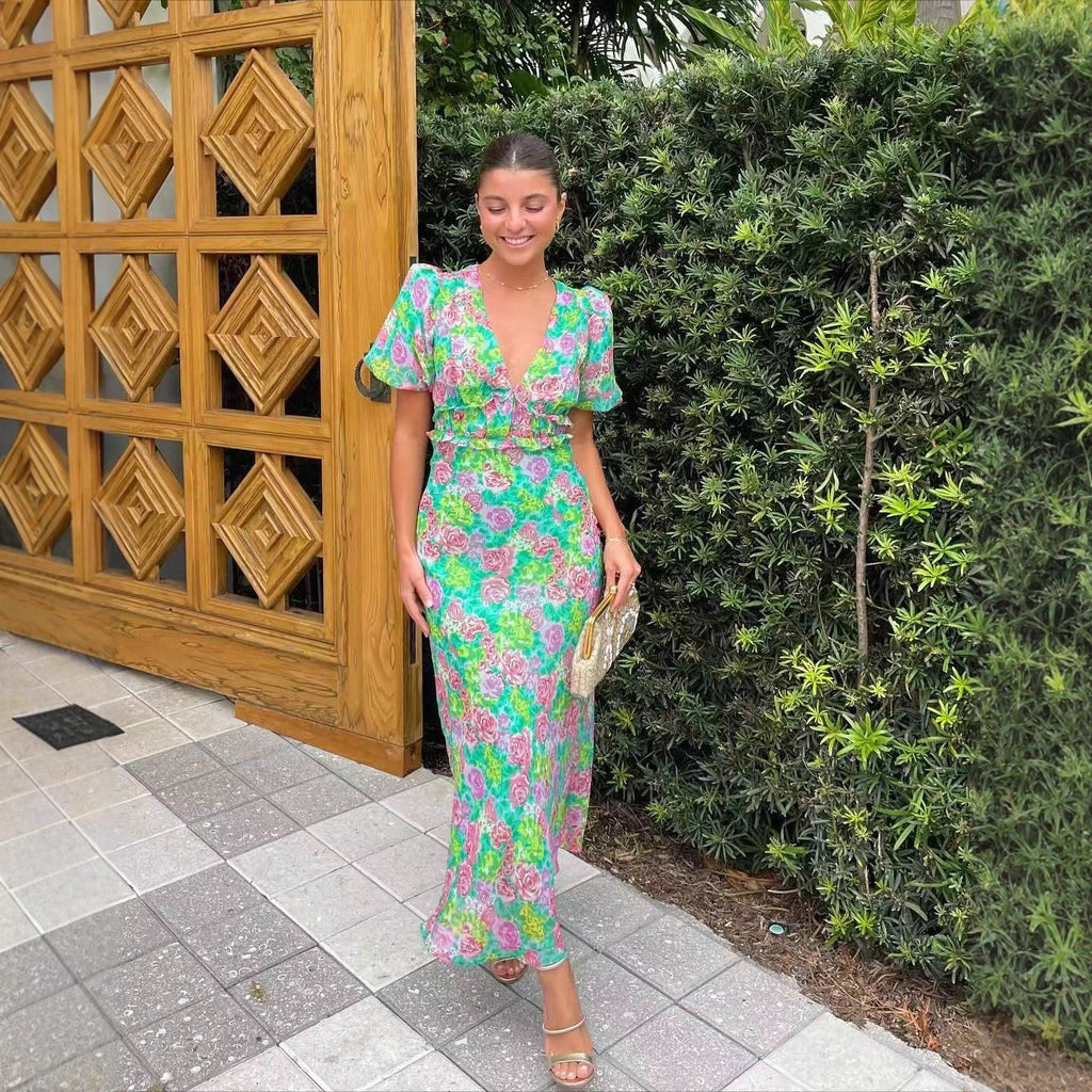 Women's Green Floral Puff Sleeve V-Neck Summer Dress