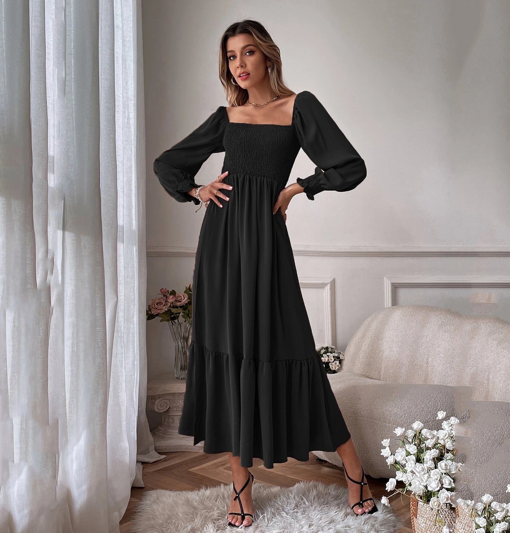Women's Autumn Winter Pullover Square Collar Long Sleeve Ruffled High Waist Tight Office Dress For Women