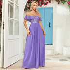 Women's Bandeau One-Shoulder Sequin Stitching Back Zip Bow Side Slit Long Dress