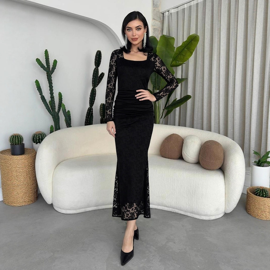 Autumn Winter Fashionable Elegant Lace Stitching Square Collar Slim Fit Pl