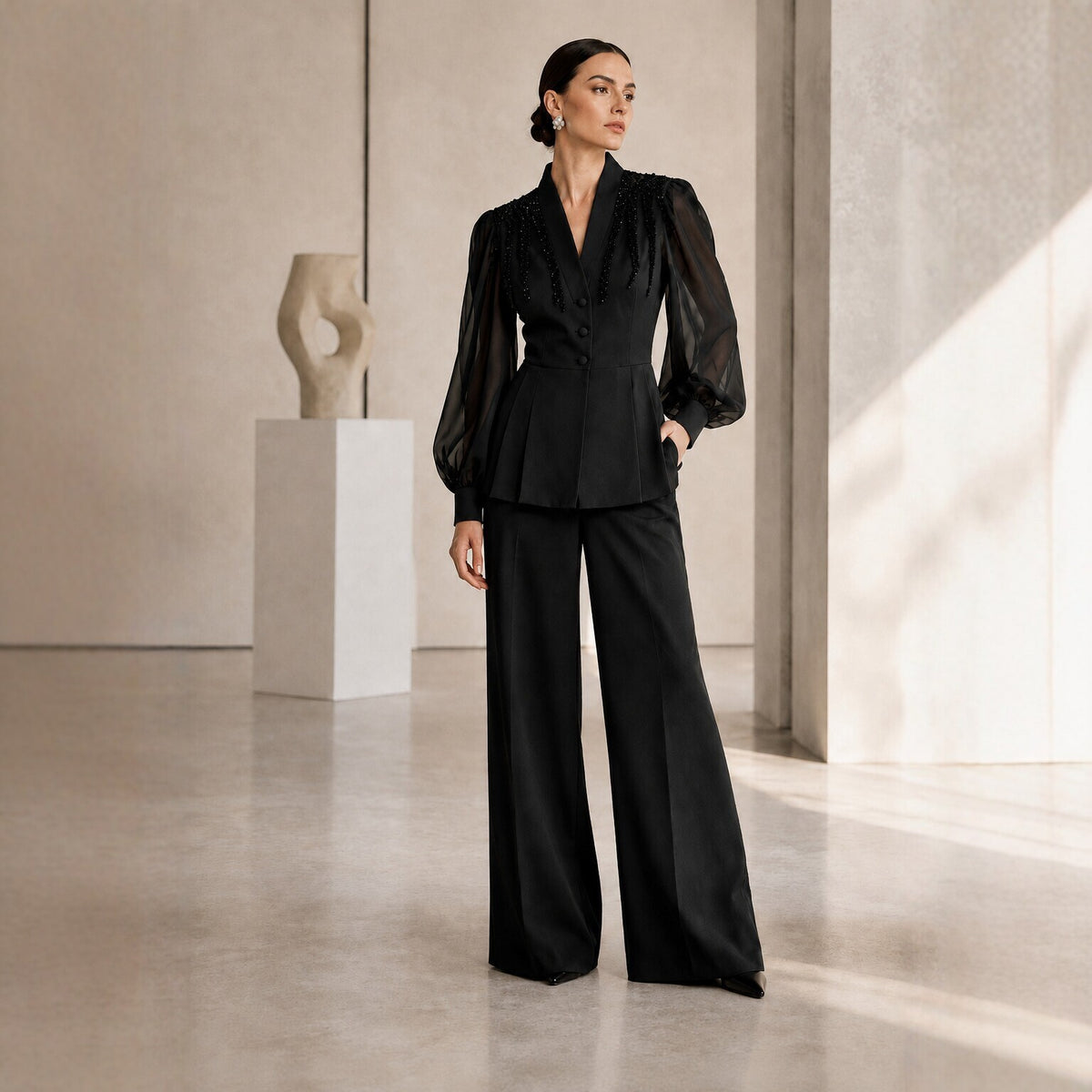 Women's Black Rhinestone Top & Wide-Leg Pants Set