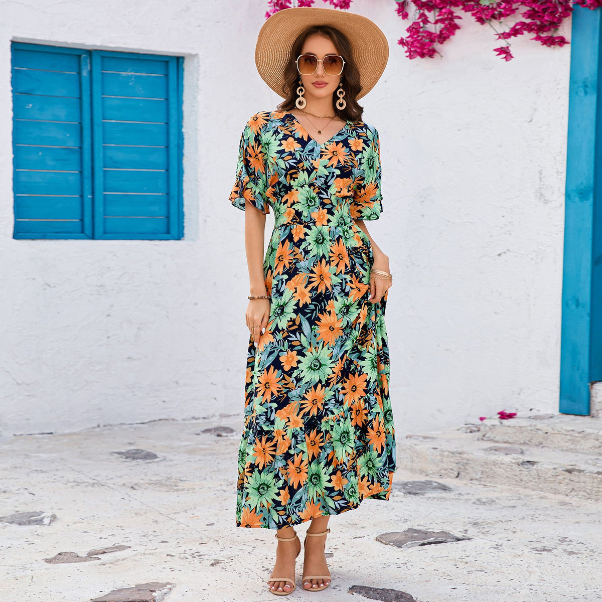 V-Neck Ruffled Short-Sleeve Maxi Dress