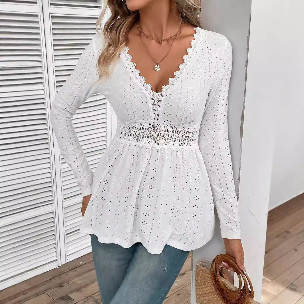 Lace Stitching V-Neck Long Sleeve Top