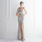 Women's One-Shoulder Sequin Asymmetric Fishtail Maxi Dress