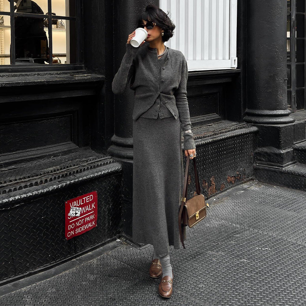 Women's Knitted Cardigan & High-Waist Skirt Set