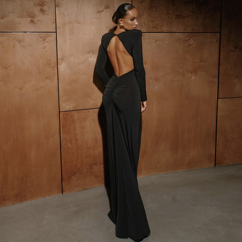 Women's Crew-Neck Backless Cutout Long-Sleeve Maxi Dress