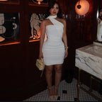 White halter mini dress with draped shoulder strap and ruched fit