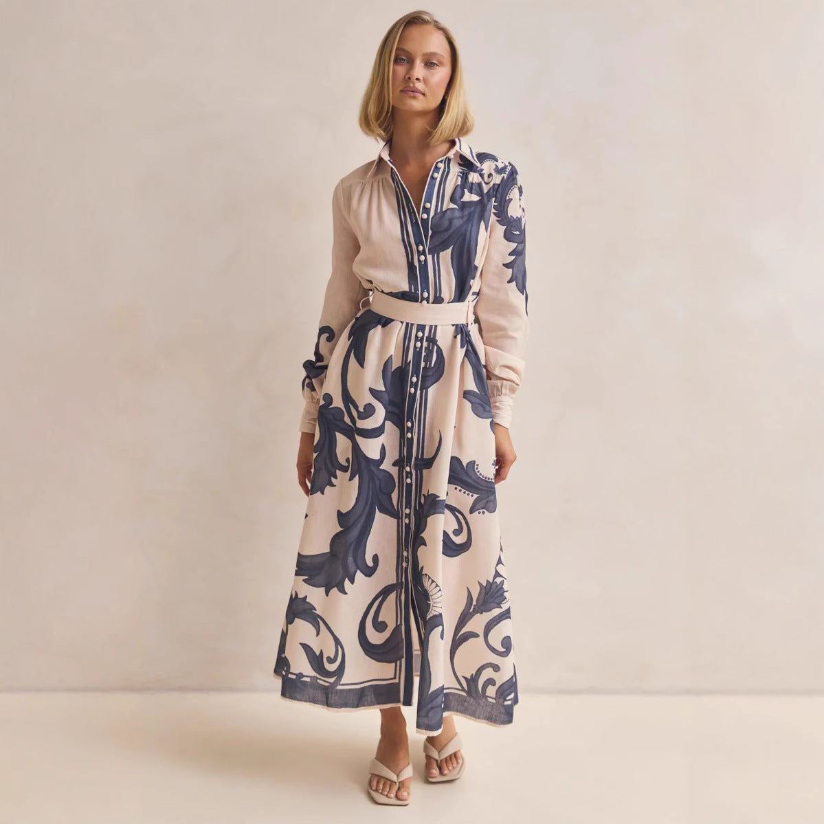 Women's Printing Belt Loose Retro Dress