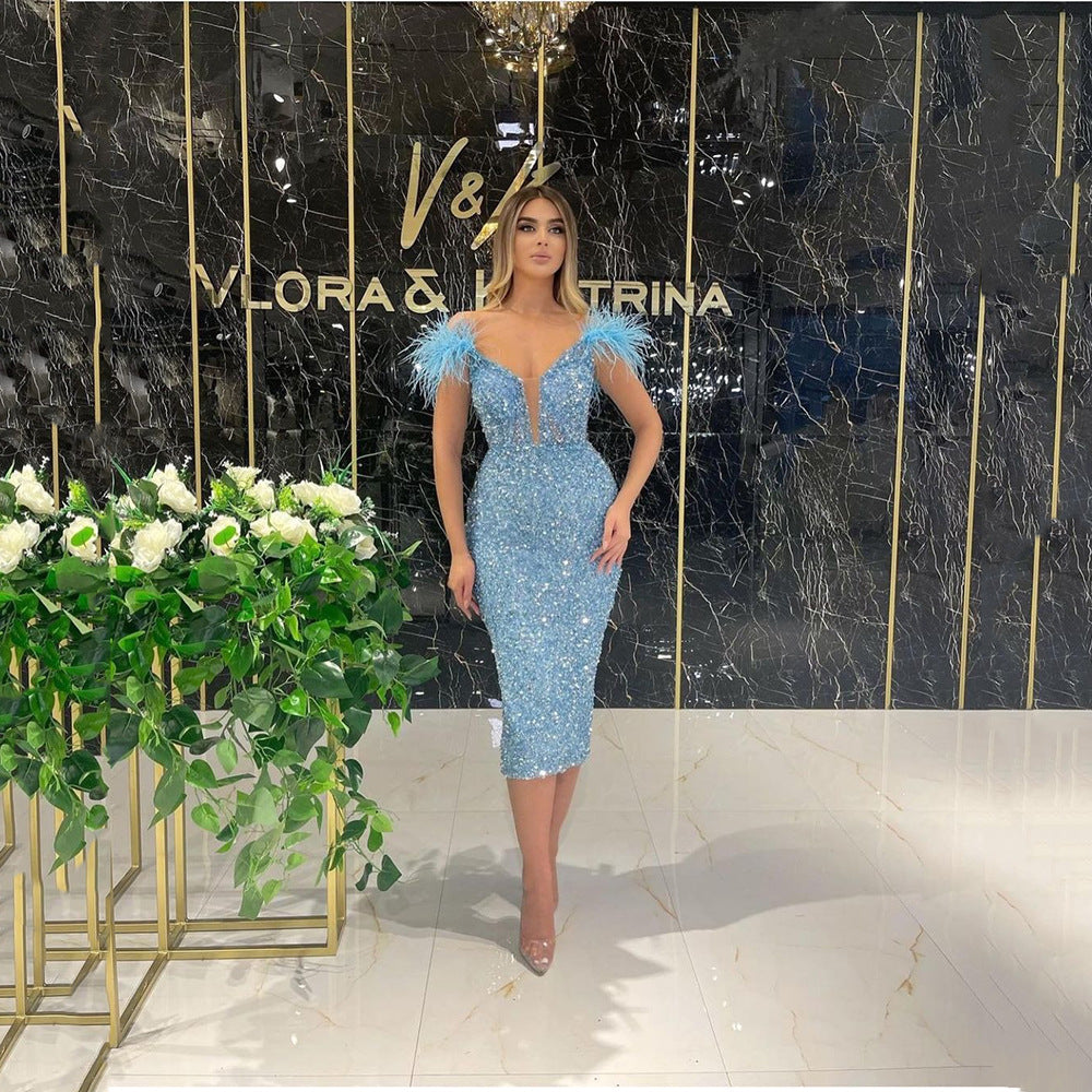 Women's Feather Sequin Deep V Bodycon Midi Dress