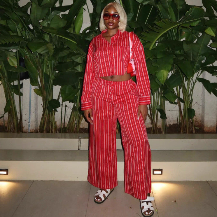 Women's Red Striped Shirt & Straight-Leg Pants Set
