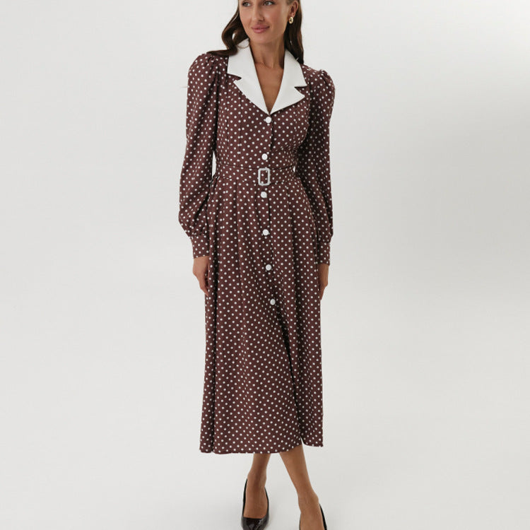 Polka Dot Dress Collared Long Sleeve Single