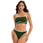 Blue bikini with bandeau top and high-waist briefs, white contrast trim