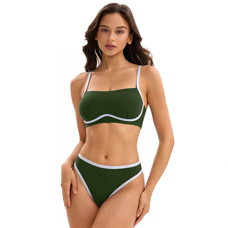 Blue bikini with bandeau top and high-waist briefs, white contrast trim