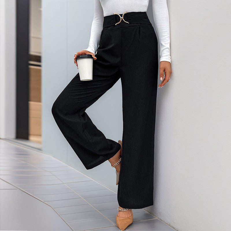 Solid Color With Buckle High Waist Straight Pants