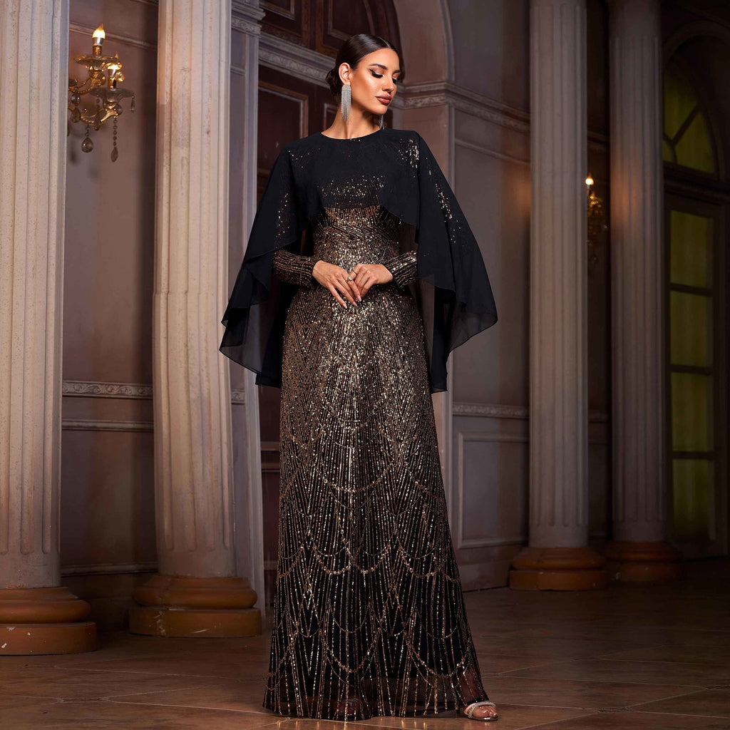 Women's Sequin Long Sleeve A-Line Evening Maxi Dress
