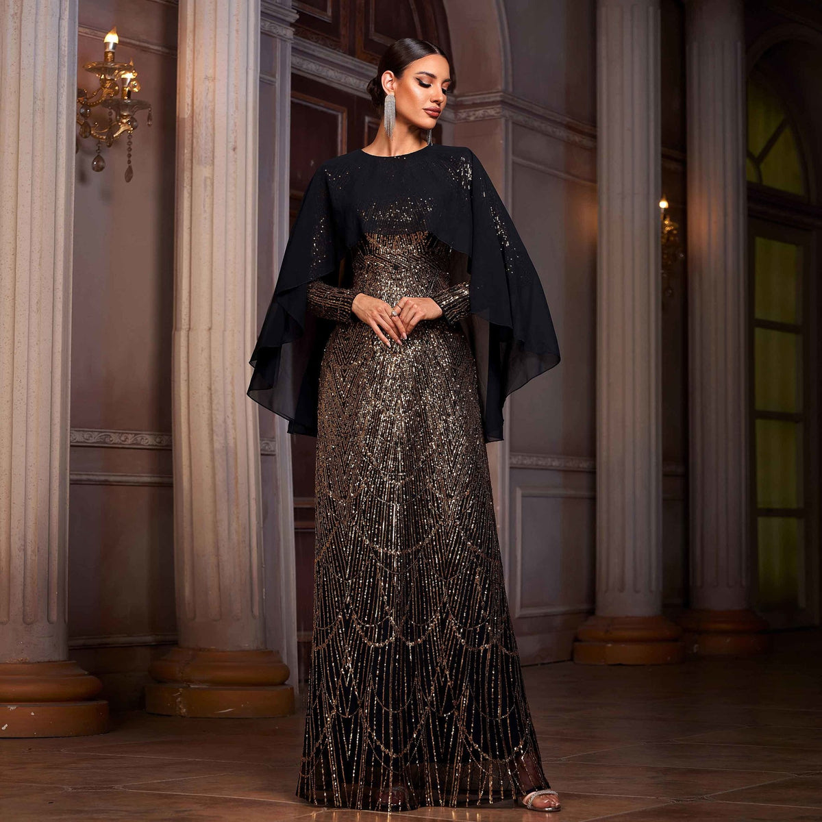 Women's Sequin Long Sleeve A-Line Evening Maxi Dress
