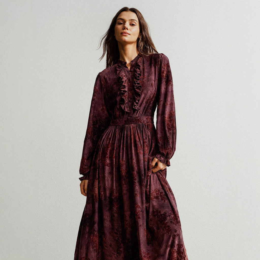 Retro Wine Red Floral Dress Stand Collar Puff Sleeve Waist Controlled Large Hem Maxi Dress