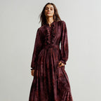 Retro Wine Red Floral Dress Stand Collar Puff Sleeve Waist Controlled Large Hem Maxi Dress