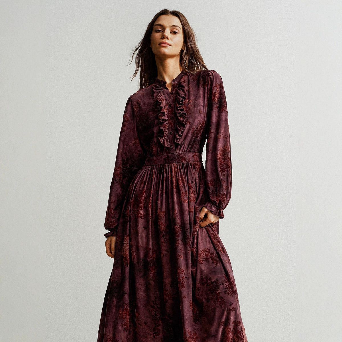 Retro Wine Red Floral Dress Stand Collar Puff Sleeve Waist Controlled Large Hem Maxi Dress