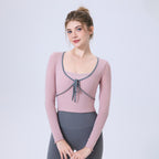 Faux Two Piece Contrast Color Bow Mesh Sports T shirt Women Long Sleeve with Chest Pad Yoga Clothes Top Slimming Workout Clothes(Runs Small)