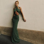 Women's Halter Cutout Ruched Split Bodycon Maxi Dress - Aquamiato