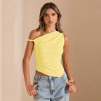 Women's Fresh Vitality One Shoulder Irregular Asymmetric Cutting Design With Pleated Details Fit Top
