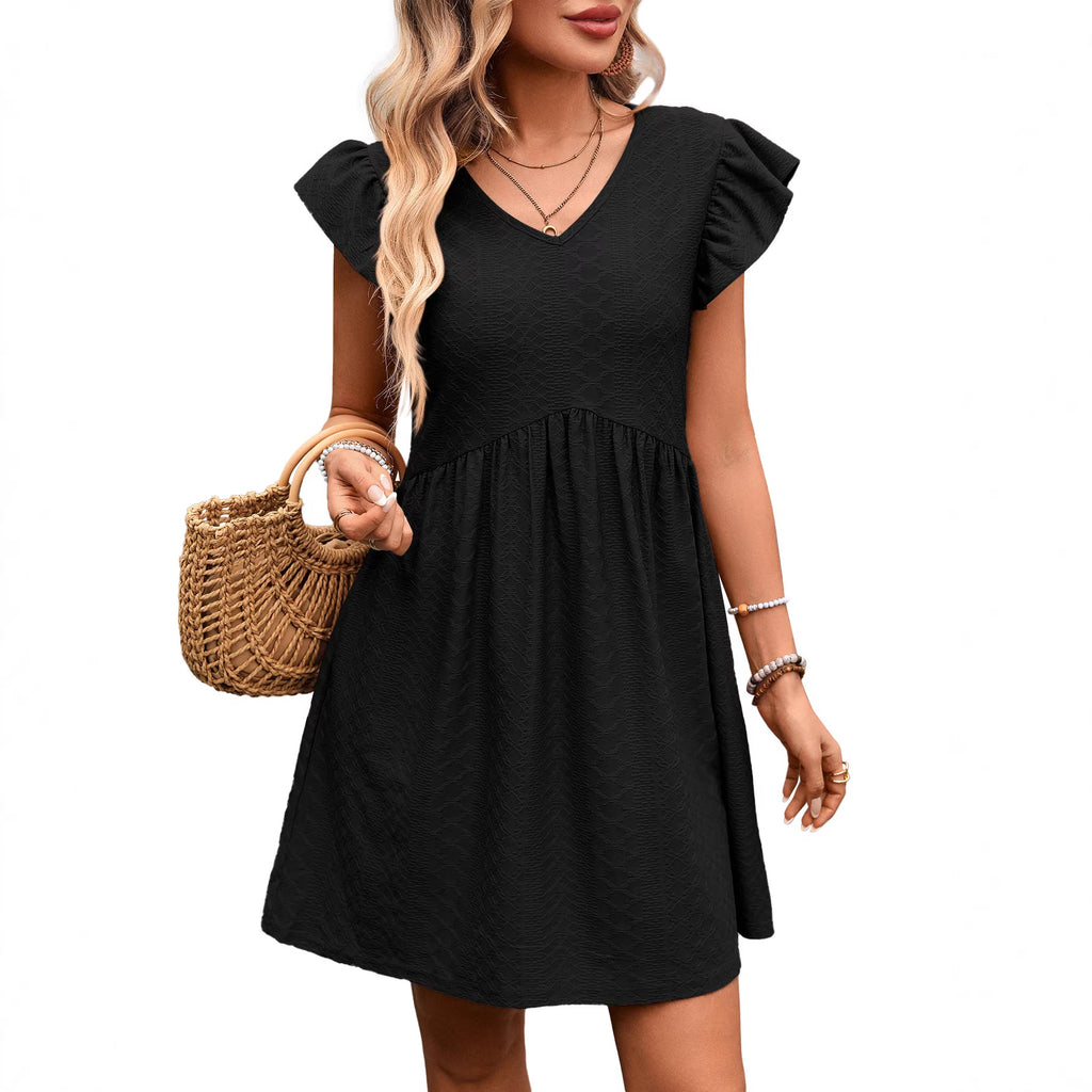 Black short sleeve V-neck babydoll dress with ruffle shoulders and gathered skirt