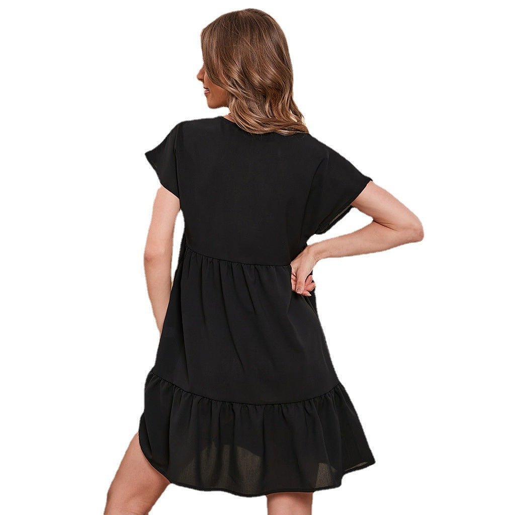 Solid-Color Loose V-Neck Swing Dress