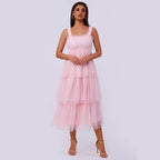 Mesh Spaghetti-Strap Ruffle Tiered A-Line Midi Dress