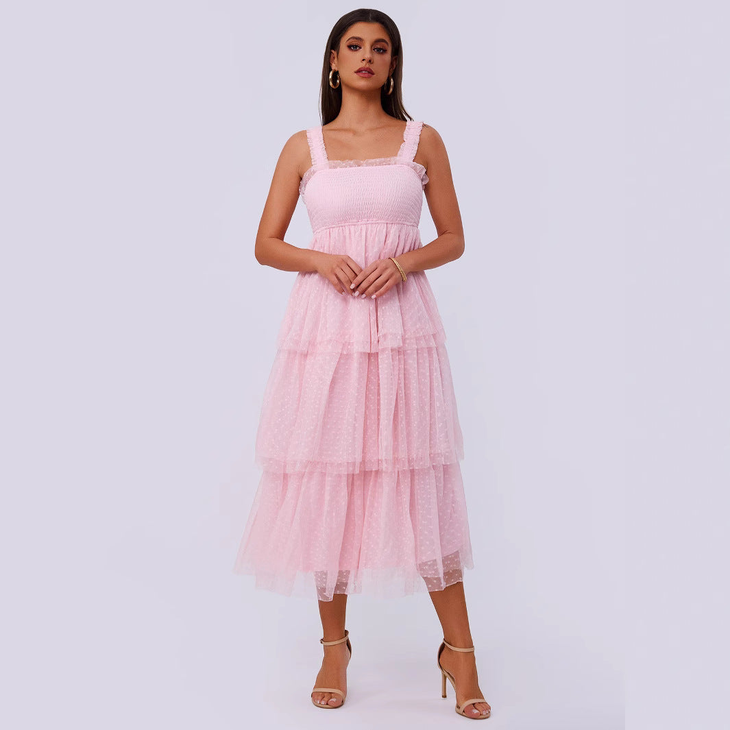Mesh Spaghetti-Strap Ruffle Tiered A-Line Midi Dress