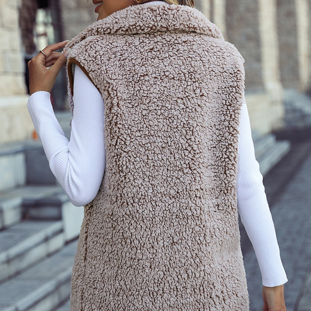 Collared Sleeveless Plush Cardigan Vest
