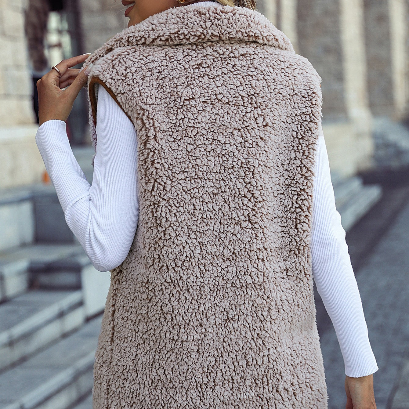 Collared Sleeveless Plush Cardigan Vest