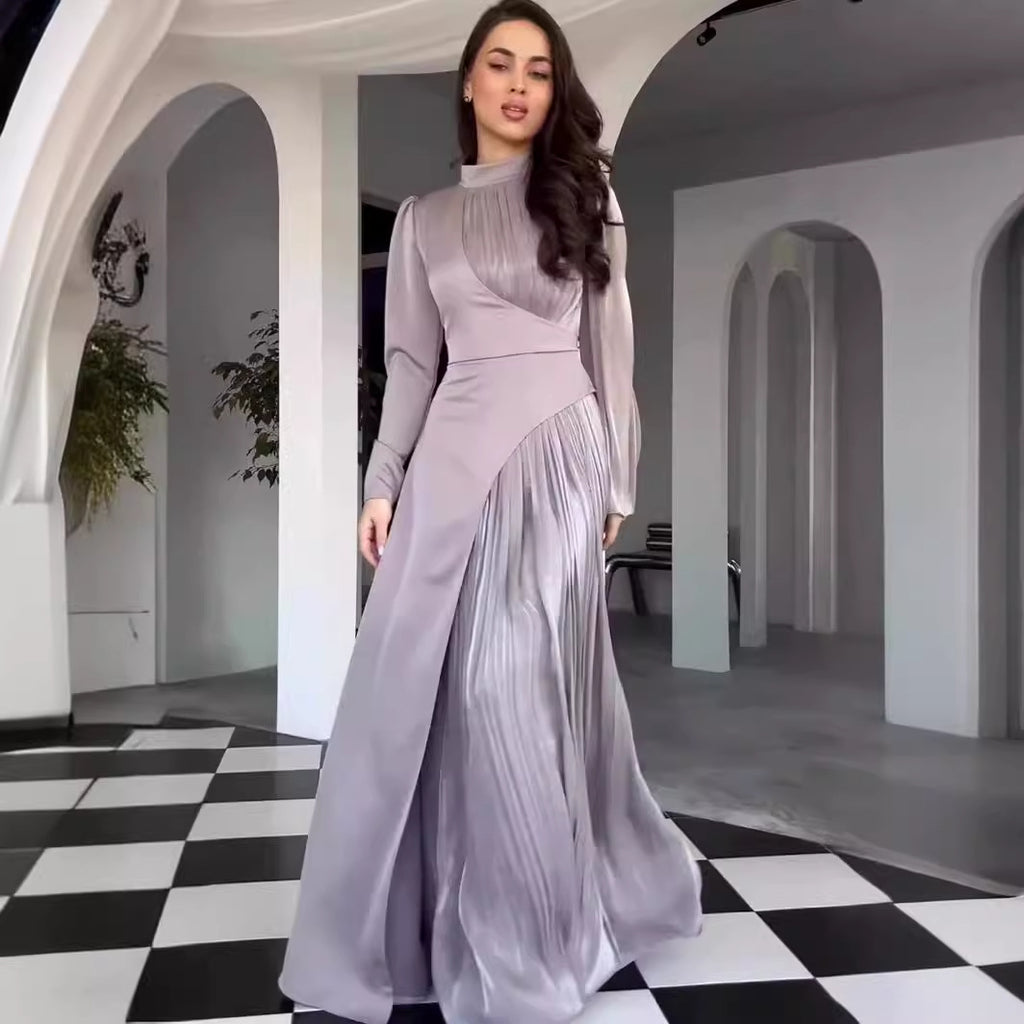 Spring Round-Neck Colorblock Long-Sleeve Belted Dress