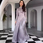 Spring Round-Neck Colorblock Long-Sleeve Belted Dress
