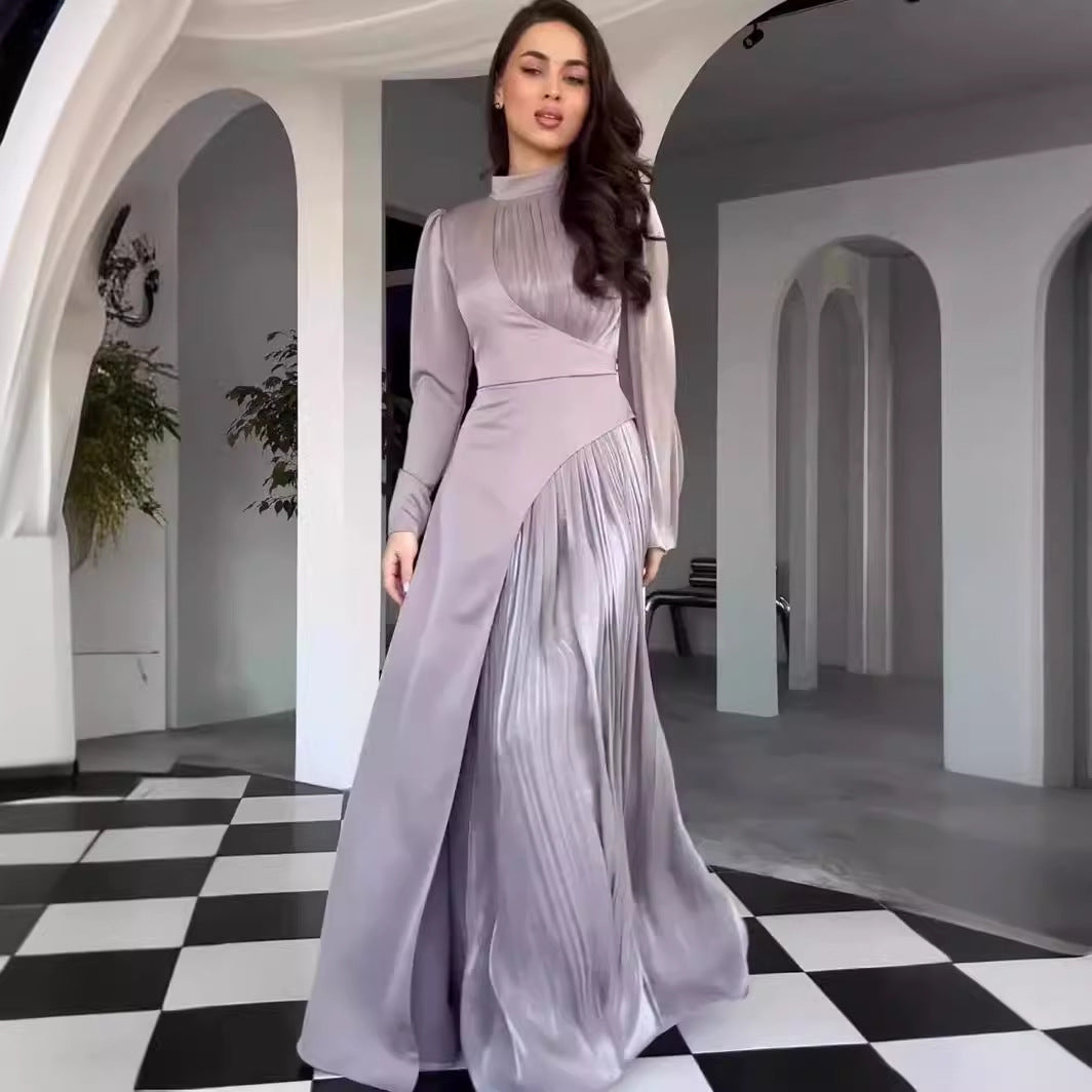 Spring Round-Neck Colorblock Long-Sleeve Belted Dress