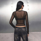Dark Punk Embroidery Sexy See through round Collar Gauze T shirt Sexy Slim Fit Long Sleeve Top