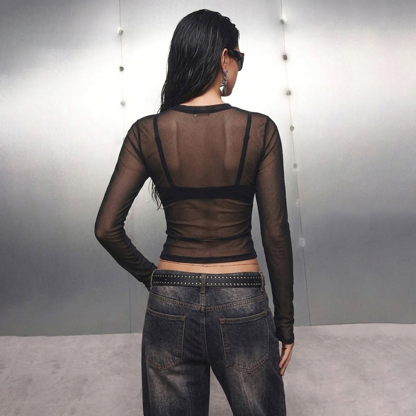 Dark Punk Embroidery Sexy See through round Collar Gauze T shirt Sexy Slim Fit Long Sleeve Top