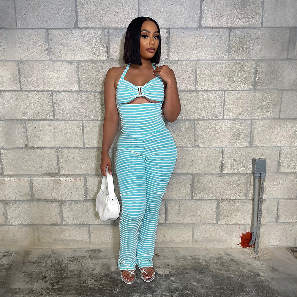 Women's Knotted Short Top Match Slim Fit Pencil Pants Two-Piece